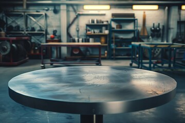 Empty round metal table in stylish garage workshop, blur dark blue background