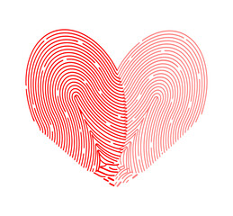 Fingerprint heart in cartoon style. Vector illustration of beautiful fingerprints in the shape of a red heart isolated on a white background. Symbol of love. Day of all lovers. Wedding.Design element.