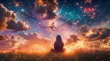 Transforming Dark Thoughts into Galaxy Art: A Solitary Figure in a Field. Concept Transformation, Dark Thoughts, Galaxy Art, Solitary Figure, Field