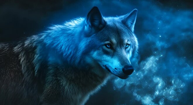 Beast wolf by glowing supernatural blue energy aura on black backdrop symbolize alpha 4k animation