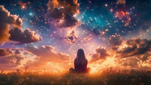 Transforming Dark Thoughts into Galaxy Art: A Solitary Figure in a Field. Concept Transformation, Dark Thoughts, Galaxy Art, Solitary Figure, Field