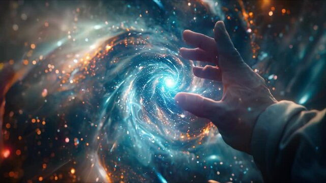 Hand reaching into swirling vortex of light particles cosmic interaction visualization. Concept Abstract Art, Surreal Imagery, Cosmic Energy, Visual Effects, Light Particles