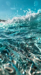 Clear light blue water wave splashing on beach. Summer holiday vacation concept sea photography