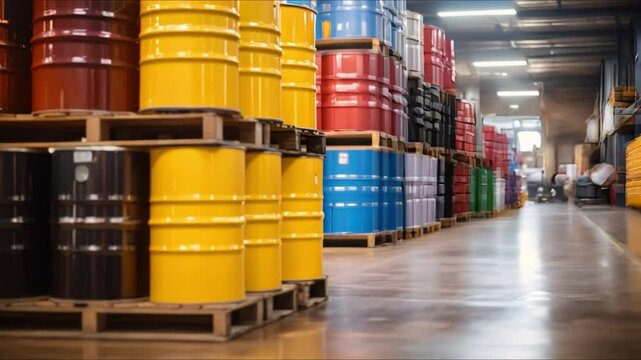 Storage of industrial lubricant oils in barrels at a manufacturing plant. Concept Industrial lubricant oils, Barrel storage, Manufacturing plant, Storage safety, Oil handling