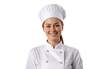 Women chef isolated on transparent background png cutouts. Images for graphic designers. White women. Image for flyers. Topics related to cooking. Cooking world. Job offer. Recruitment. European.