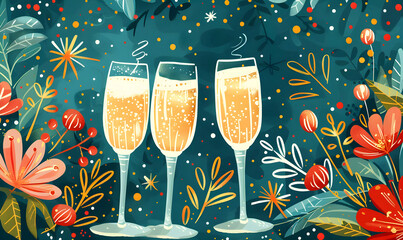 New Year winter illustration with glasses of champagne, Christmas card in vintage style, drawing for postcard