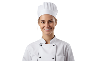 Women chef isolated on transparent background png cutouts. Images for graphic designers. White women. Image for flyers. Topics related to cooking. Cooking world. Job offer. Recruitment. European.