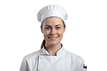 Women chef isolated on transparent background png cutouts. Images for graphic designers. White women. Image for flyers. Topics related to cooking. Cooking world. Job offer. Recruitment. European.