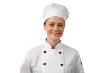 Women chef isolated on transparent background png cutouts. Images for graphic designers. White women. Image for flyers. Topics related to cooking. Cooking world. Job offer. Recruitment. European.