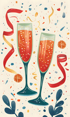 New Year winter illustration with glasses of champagne, Christmas card in vintage style, drawing for postcard