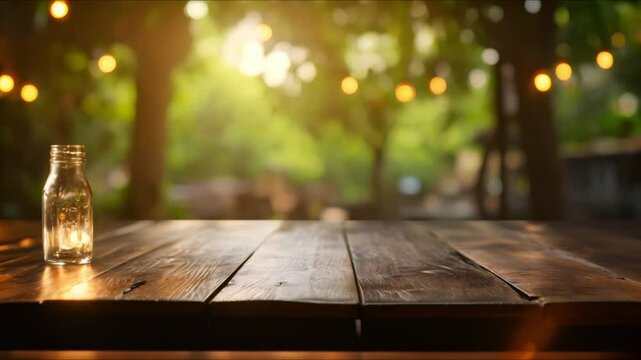Blurry background of a coffee shop focus on empty wood table. Concept Coffee shop ambiance, Empty table, Blurry background, Wooden surface, Interior photography