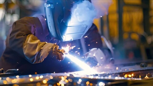 Experienced welder in shop welding metal wearing fireresistant gear for protection. Concept Welding Equipment, Fire-resistant Gear, Metalworking Techniques, Shop Safety, Experienced Welder
