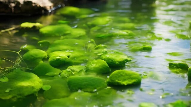 Vivid green algae bloom visible in water body. Concept Algae Bloom, Green Water, Water Pollution, Environmental Impact, Ecosystem Health