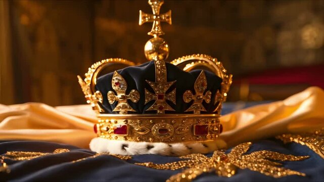 Symbolism of UK Monarchy: Royal Crown Jewels on Golden Pillow with Flag Background. Concept British Monarchy, Royal Crown Jewels, Golden Pillow, Flag Background, Symbolism