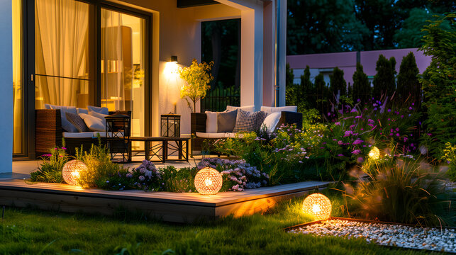 Fototapeta Une terrasse extérieure avec des meubles confortables, des coussins, des lanternes et un jardin fleuri éclairé le soir.