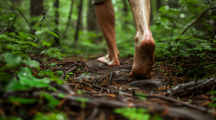 Fototapeta premium Une personne marchant pieds nus sur un sentier forestier avec des plantes vertes tout autour.
