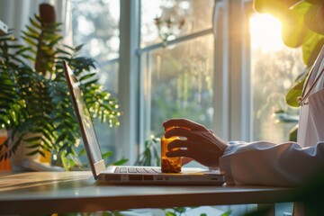 doctor holding an amber bottle with pills and sitting at their desk, typing on the laptop computer in front of them The office is well-lit by natural sunlight coming through large window Generative AI