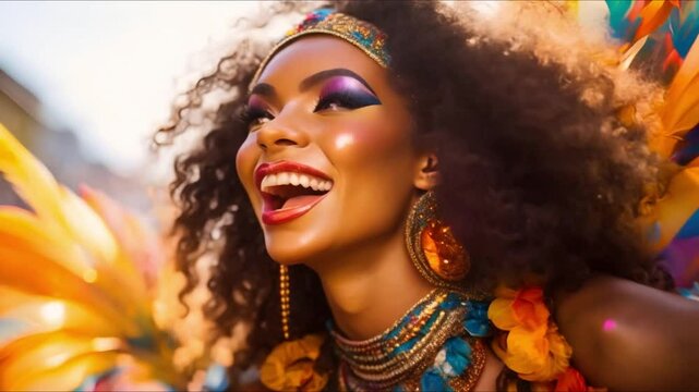 Brazilian Carnaval street party exuding vibrant energy and festivity. Concept Cultural Celebration, Street Party, Colorful Festivity, High-Energy Performance, Brazilian Carnaval