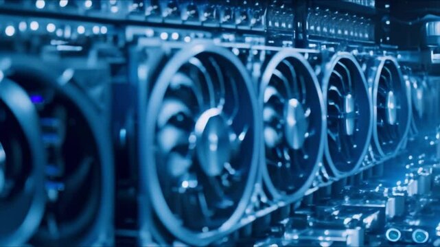 Cryptocurrency mining server using blockchain technology for digital money generation and networking. Concept Cryptocurrency Mining, Blockchain Technology, Digital Money, Networking