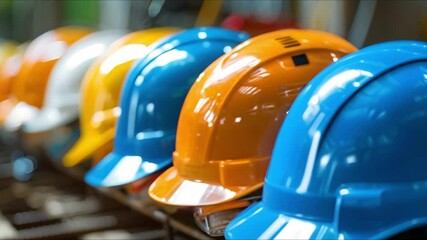 Variety of colored safety helmets on a construction site represent workplace safety. Concept Workplace Safety, Construction Site, Colored Helmets, Safety Gear, Occupational Health