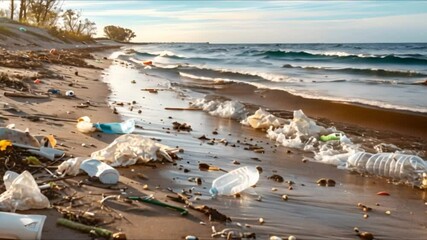 A polluted beach with various types of trash scattered along the shore highlighting environmental issues and human impact. Concept Environmental Issues, Pollution Awareness, Beach Cleanup
