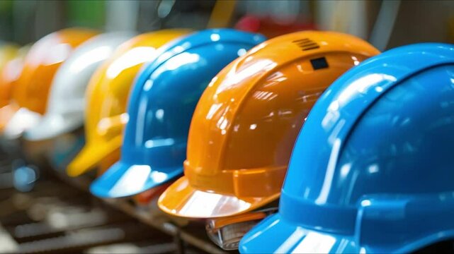 Variety of colored safety helmets on a construction site represent workplace safety. Concept Workplace Safety, Construction Site, Colored Helmets, Safety Gear, Occupational Health