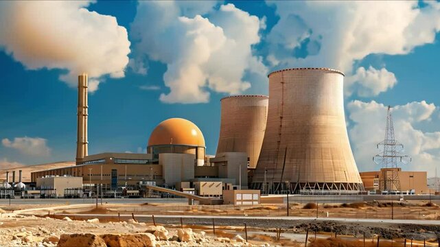 Large modern nuclear power plant in remote desert area for costeffective energy. Concept Nuclear Power Plant, Remote Desert Location, Cost-effective Energy, Large-scale Infrastructure