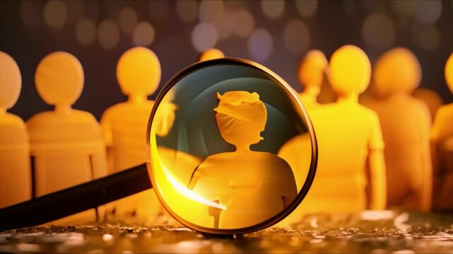 Examining HR Process with Magnifying Glass: Searching for the Ideal Job Candidate. Concept HR Process Analysis, Candidate Evaluation, Ideal Job Search, Magnifying Glass Method