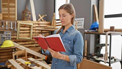 A focused young woman inspecting notes in a well-organized carpentry workshop.