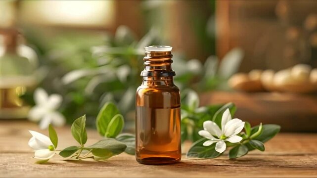 Bottle of sandalwood essential oil. Concept Aromatherapy, Skincare, Natural Remedies