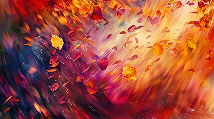 Fototapeta premium A painting of autumn leaves falling with a swirl of colors. The mood of the painting is serene and peaceful