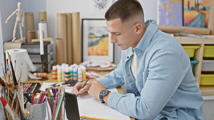 Fototapeta premium A young man sketches on a tablet in a brightly lit art studio, surrounded by colors and creativity.
