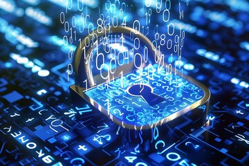 Digital padlock with rapidly changing numbers and letters overlay, representing global internet security, vibrant blue theme,
