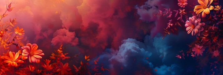 Fototapeta premium A colorful flower arrangement with a blue sky background. The flowers are in various shades of pink and purple, and the sky is filled with fluffy white clouds. Scene is cheerful and uplifting