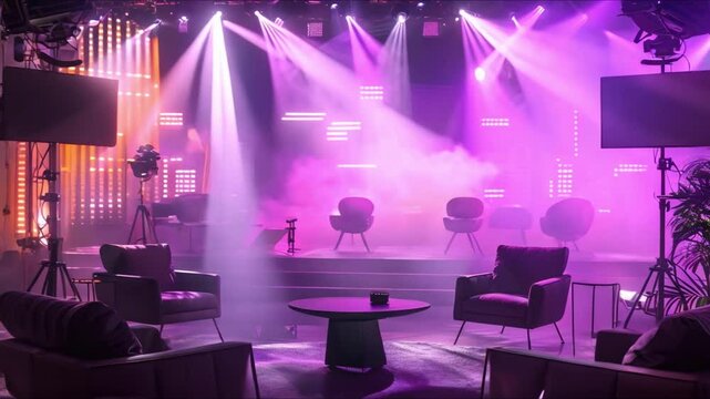 Creating a TV Studio Set with Stage Lights, Chairs, Table, and Showbiz Atmosphere. Concept TV Studio Set, Stage Lights, Chairs, Table, Showbiz Atmosphere
