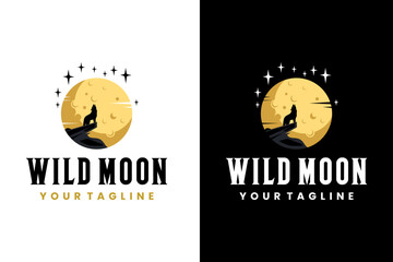 The Wolf Roars on the Hill with the full Moon shining logo design vector