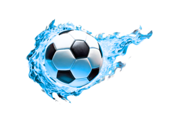 Soccer ball engulfed in blue fire on isolated transparent background, sports illustration