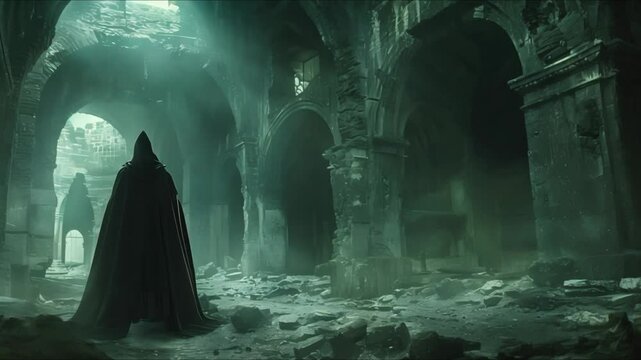 Mysterious figure in cloak presides over desolate underworld in eerie setting. Concept Eerie Setting, Mysterious Figure, Desolate Underworld, Cloak, Intriguing Presences