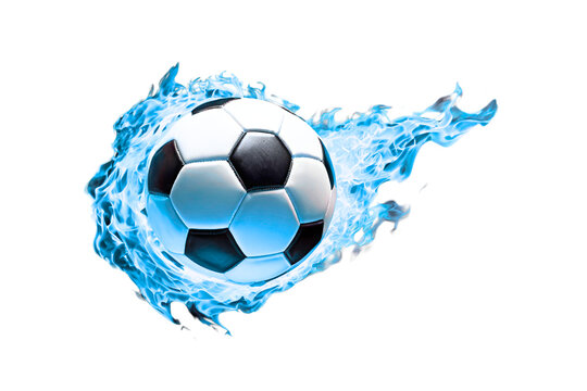 Soccer ball engulfed in blue fire on isolated transparent background, sports illustration