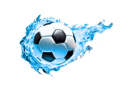 Soccer ball engulfed in blue fire on isolated transparent background, sports illustration
