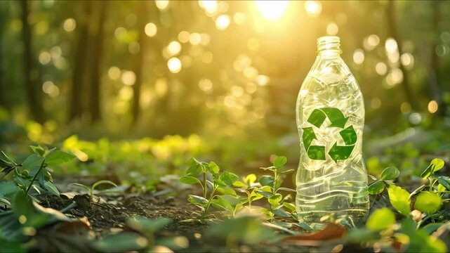 Green recycling symbol on plastic bottle signifies PET packaging for environmental recycling. Concept Environmental sustainability, PET packaging, Recycling symbol, Green initiatives