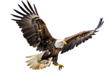 Eagle in action capturing fish against a pristine white backdrop