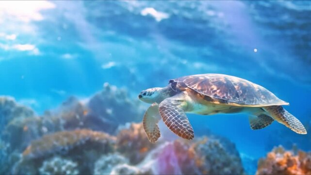 The impact of environmental pollution: A sea turtle trapped in a plastic bag underwater. Concept Pollution Awareness, Plastic Waste, Marine Life Conservation, Environmental Impact, Ocean Pollution