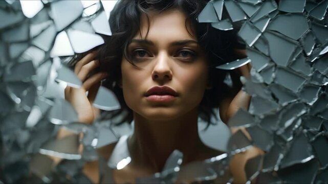 Woman with shattered fragments due to a personality disorder. Concept Mental health, Personal struggles, Coping mechanisms, Emotional healing, Psychological support