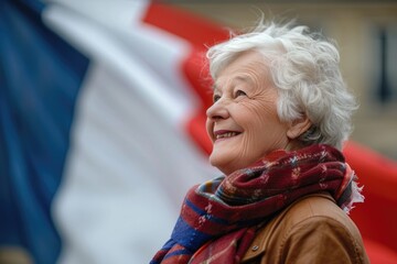 An elderly woman smiles as she stands in front of a French flag, looking up with hope and optimism