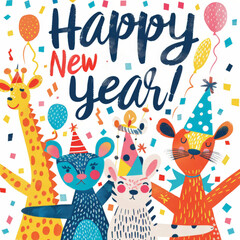 Happy New Year Celebration with Colorful Party Animals