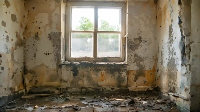 The Potential Health Hazard of Black Mold Growing on Walls After a House Flood. Concept Black Mold, Health Hazard, House Flood, Mold Prevention, Indoor Air Quality