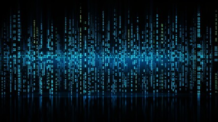 Blue binary code on dark backdrop, representing information technology and digital data transmission