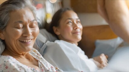 Asian patient smiling in hospital bed after chemotherapy, celebrating successful cancer treatment. Concept Healthcare, Recovery, Celebration, Survivor, Treatment