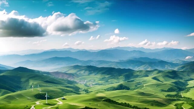 Aerial View of Wind Farms in High Mountains Driving Clean Energy Industry. Concept Renewable Energy, Wind Power, Mountains, Aerial Photography, Clean Energy Industry
